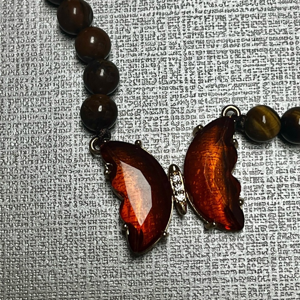 Brown Glass, simulated diamond, yellow tiger eye Necklace and Earrings